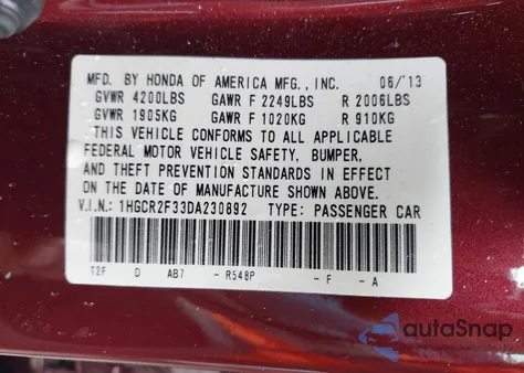 2013 Honda Accord Lx z USA, uszkodzony, nr VIN 1HGCR2F33DA230892